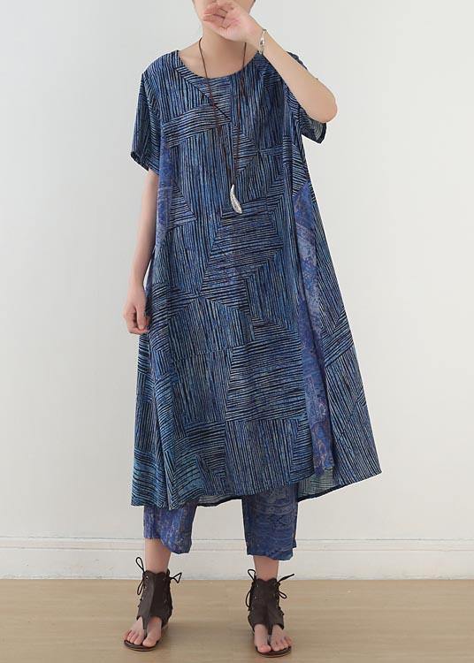 Blue Print Linen Dress Short Sleeve Summer Two Piece Set Clothing