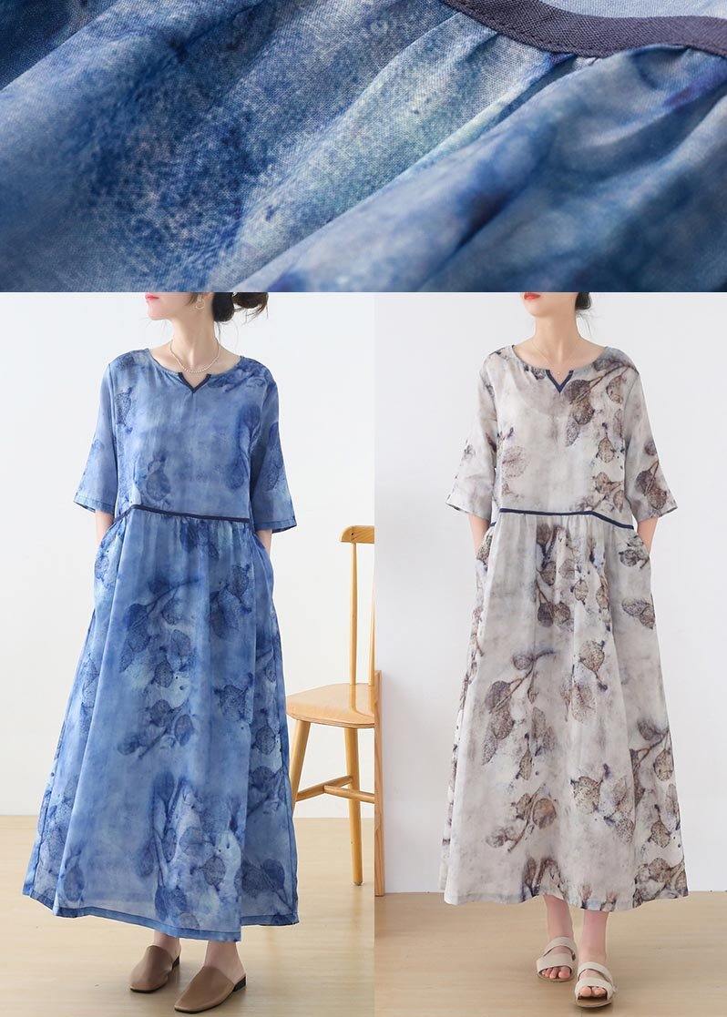 Blue Print Pockets Holiday Summer Linen Dress