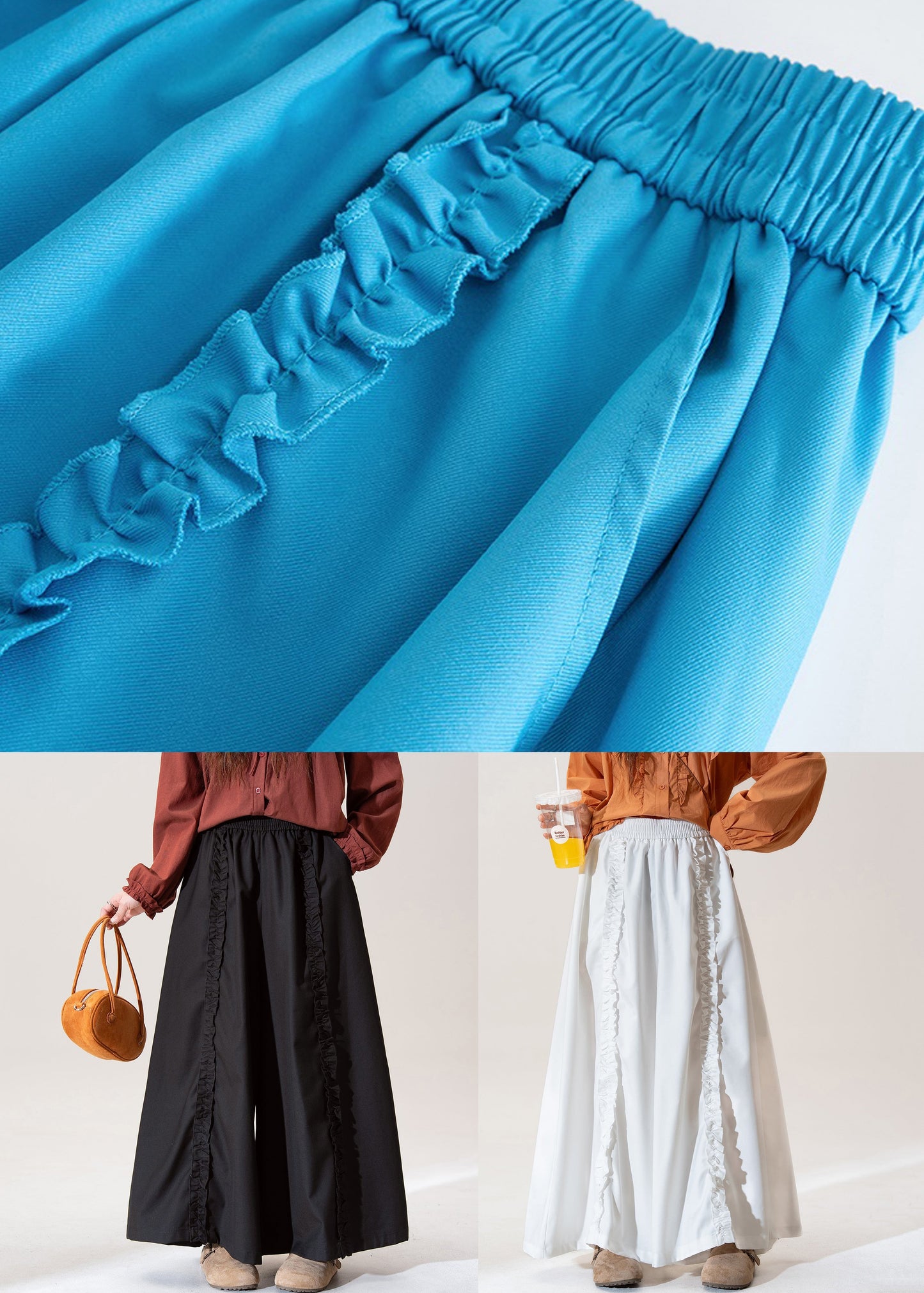 Blue Ruffled Elastic Waist Cotton Pants Spring