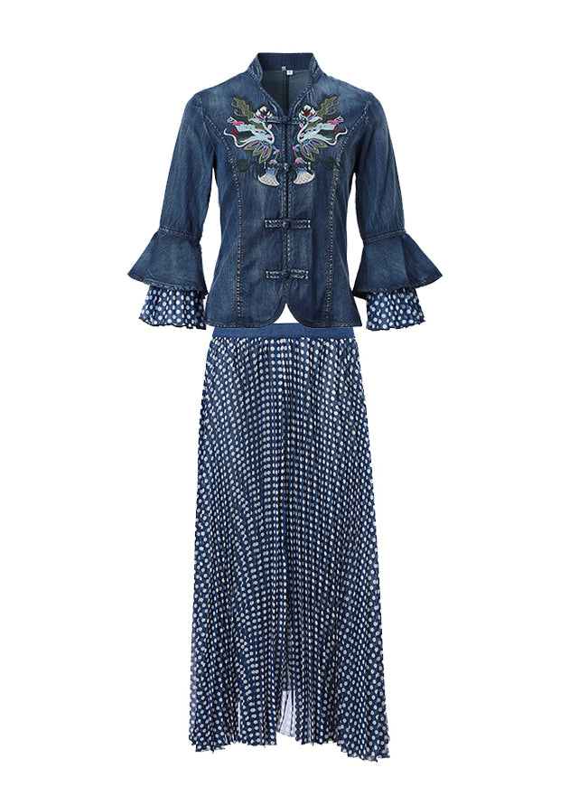 Blue Stand Collar Embroideried Patchwork Cotton Denim Coats Dot Print Chiffon Skirt Two Pieces Set Flare Sleeve