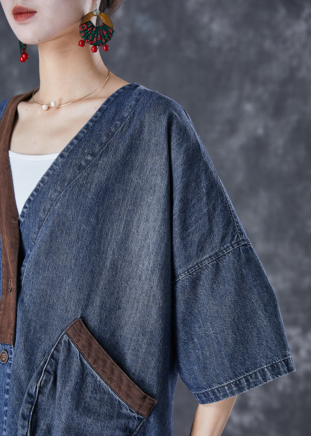 Blue V Neck Patchwork Pockets Denim Coats Summer