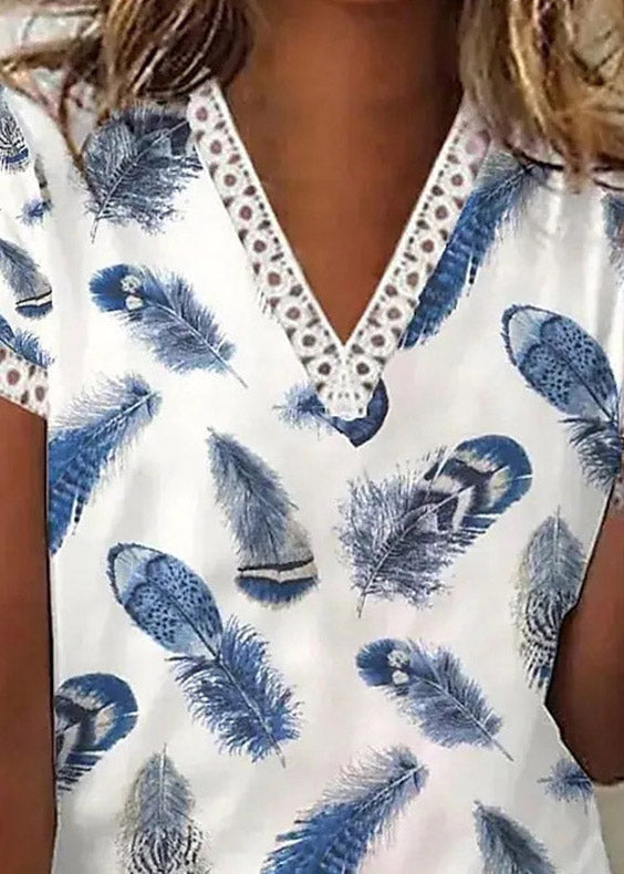Blue V Neck Print Top Short Sleeve