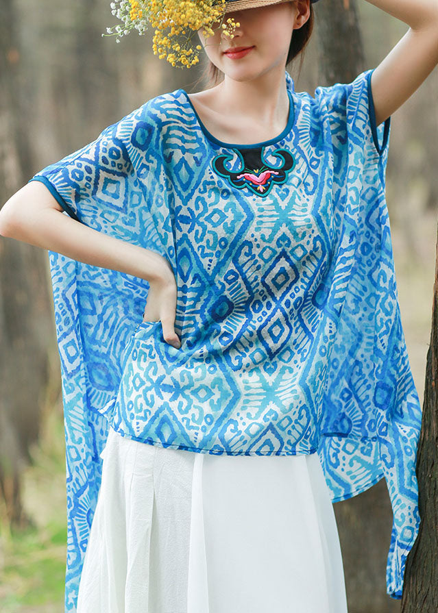 Blue Asymmetrical Design O-neck Embroideried Print Tops Spring