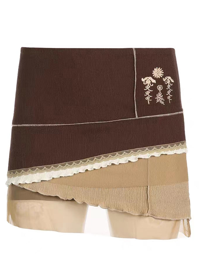 Brown Asymmetrical Embroideried Tulle Patchwork Skirt Summer
