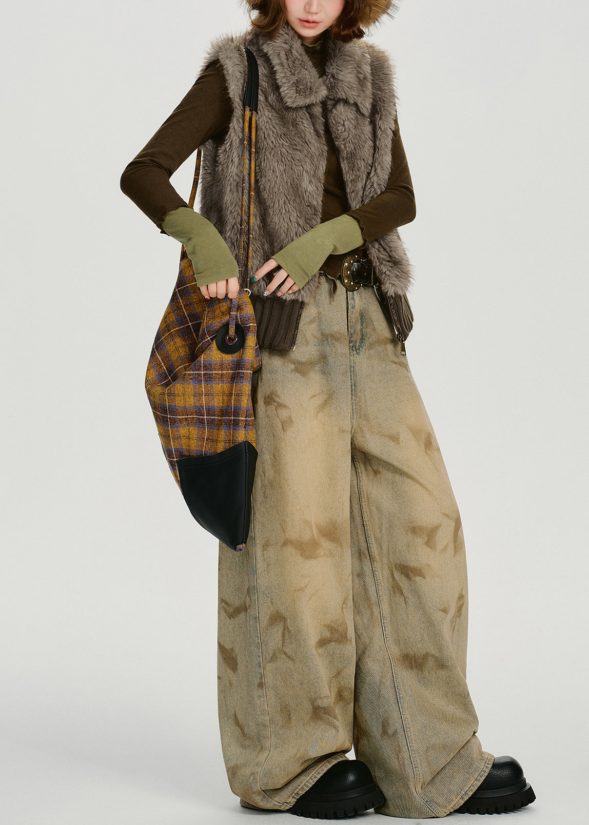 Brown Oversized Patchwork Faux Fur Vests Winter