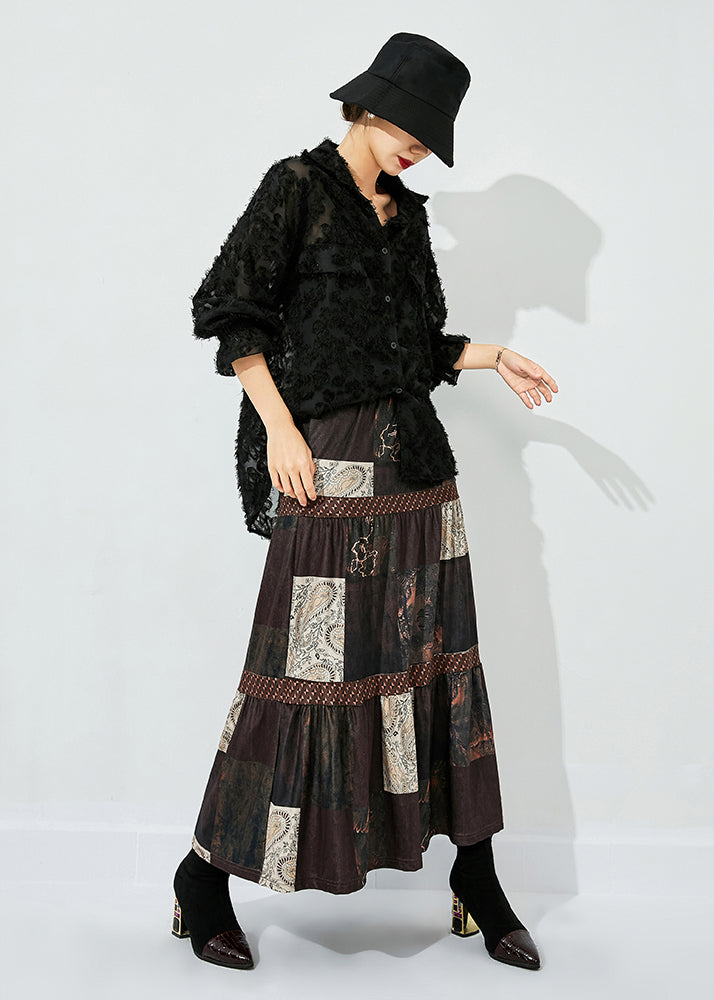 Brown Print Patchwork Wrinkled Silk Skirts Summer