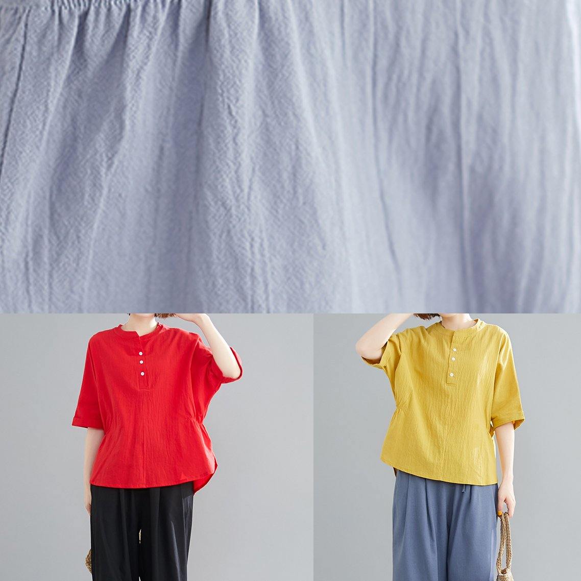 Button Down Elastic Waist Linen Shirts Red Art Blouses