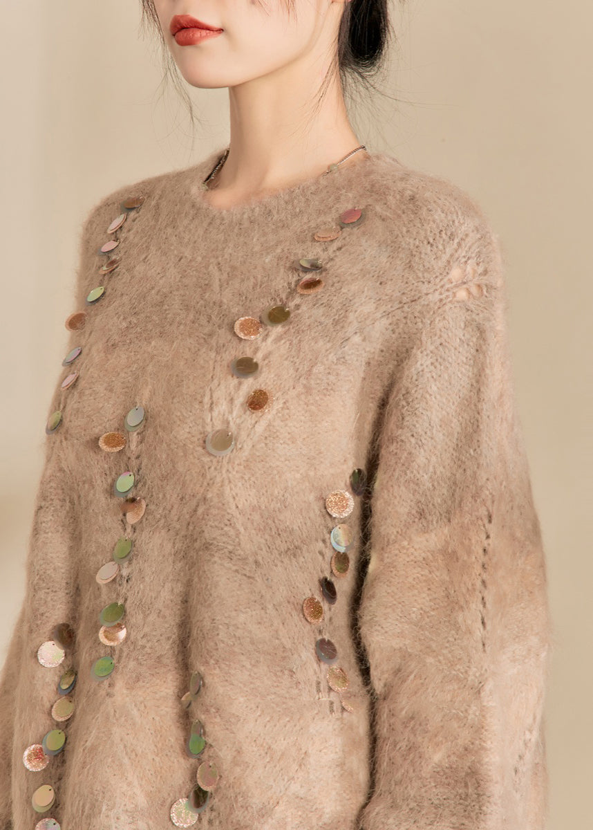 Camel O-neck Sequins Thick Cotton Knit Sweater Spring