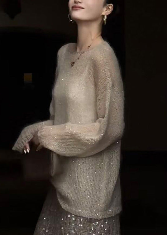 Women Champagne Color O Neck Sequins Thin Knit Top Spring