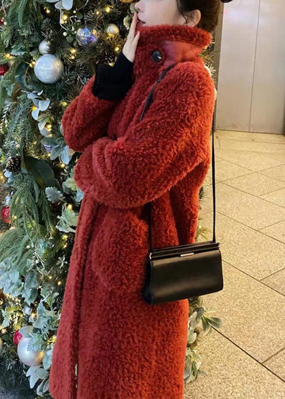 Chocolate Colour Stand Collar Button Faux Fur Maxi Coats Winter