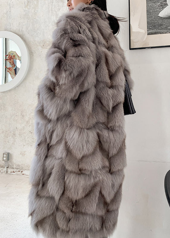 Coffee Fox Collar Pockets Leather and Fur Long Coats Spring