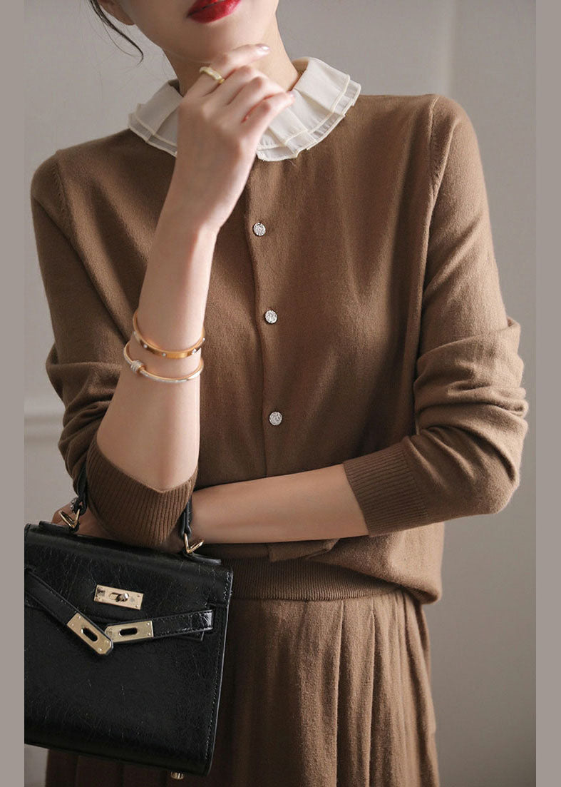 Chocolate O-neck Ruffled Patchwork Cashmere Cardigans Spring