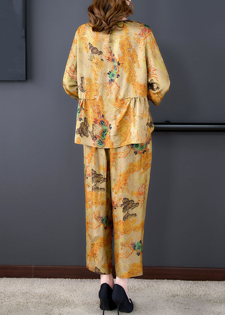 Coffee Print Wrinkled Tops and Pants Silk Two-piece Set Summer