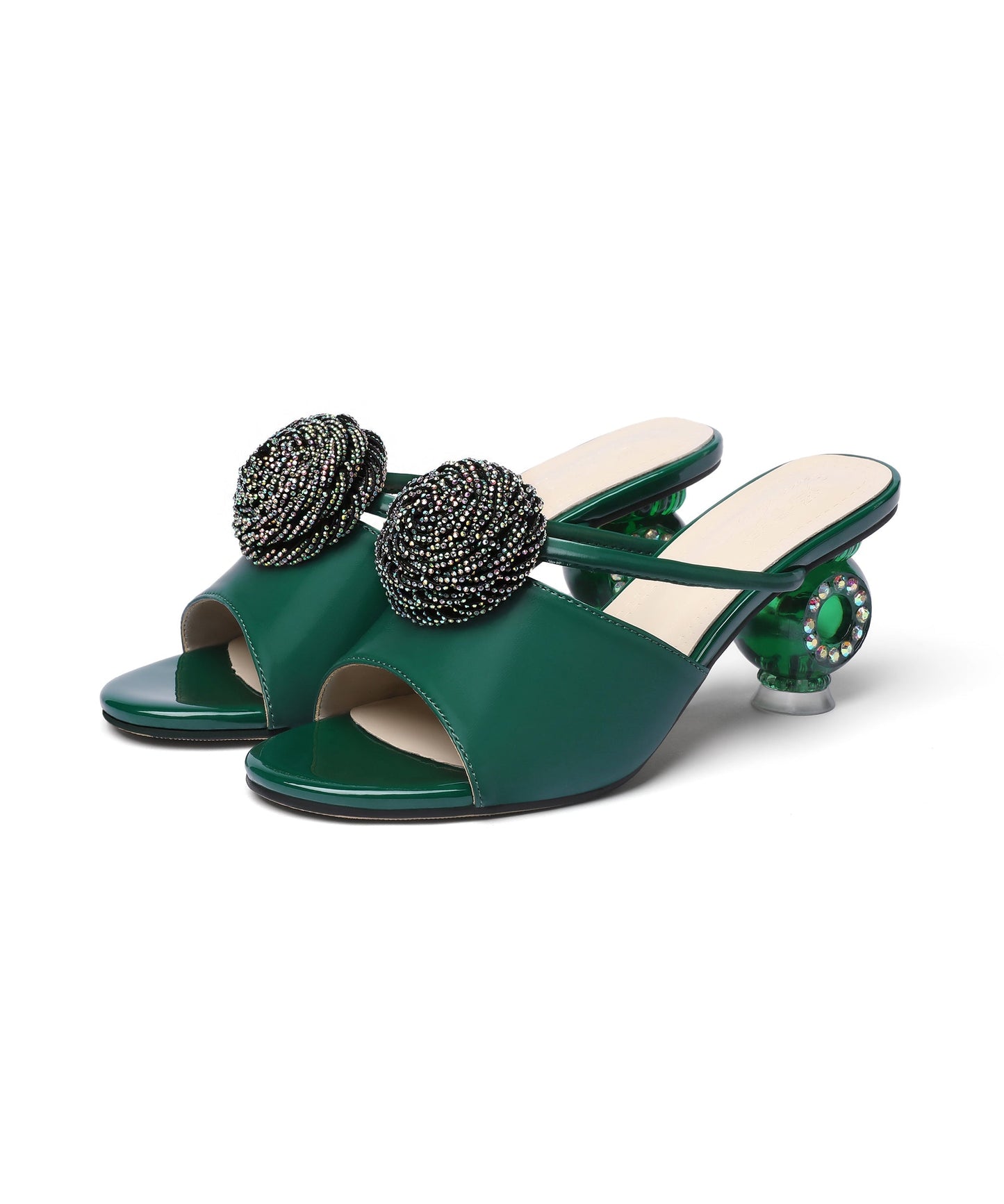 Crystal Chunky Heel Beige Slide Sandals Peep Toe
