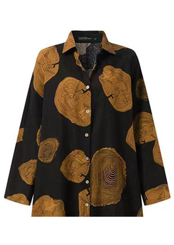 Printing Loose Long Sleeve Button Maxi Shirt Dress With Pocket
