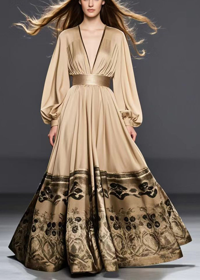 Golden Cinched Print Silk Maxi Dresses Spring
