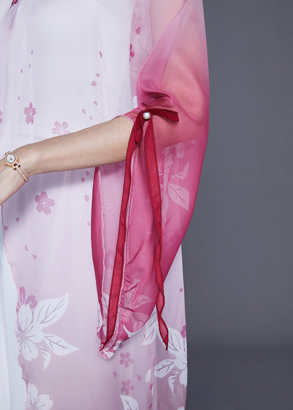 Gradient Color Chinese Button Print Chiffon Long Cardigan Flare Sleeve
