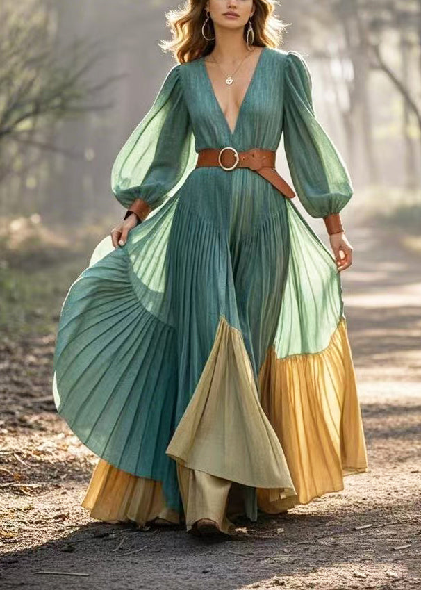 Green Cinched Patchwork Exra Large Hem Pleated Dress Spring