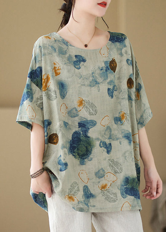 Green O-neck Print Cotton Tops Summer
