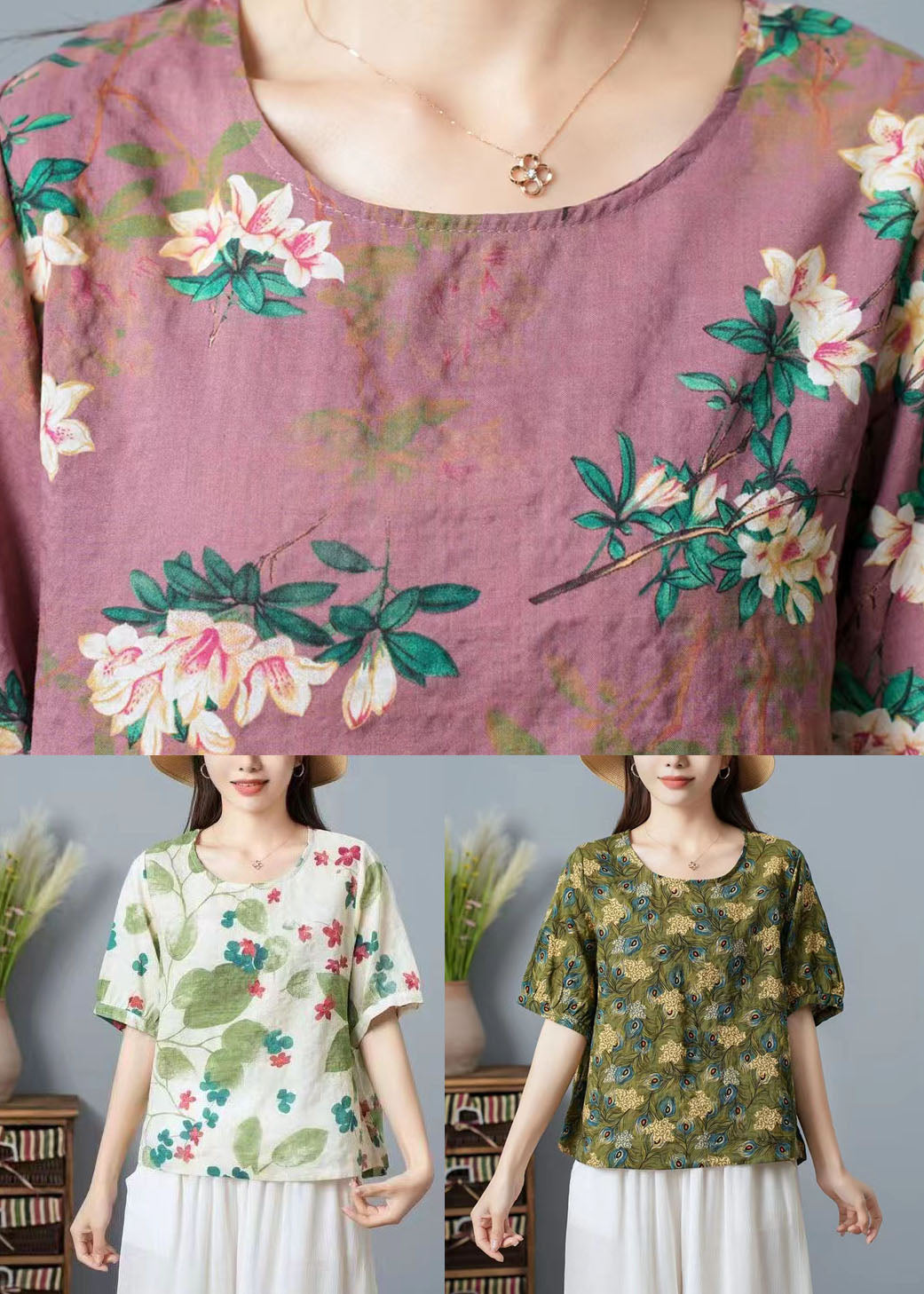 Green O Neck Print Patchwork Cotton T Shirt Top Summer