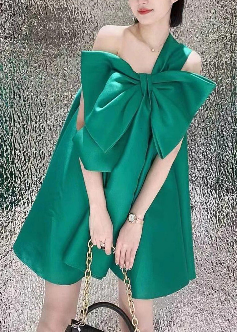 Green One Shoulder Bow Satin Party Dress Summer