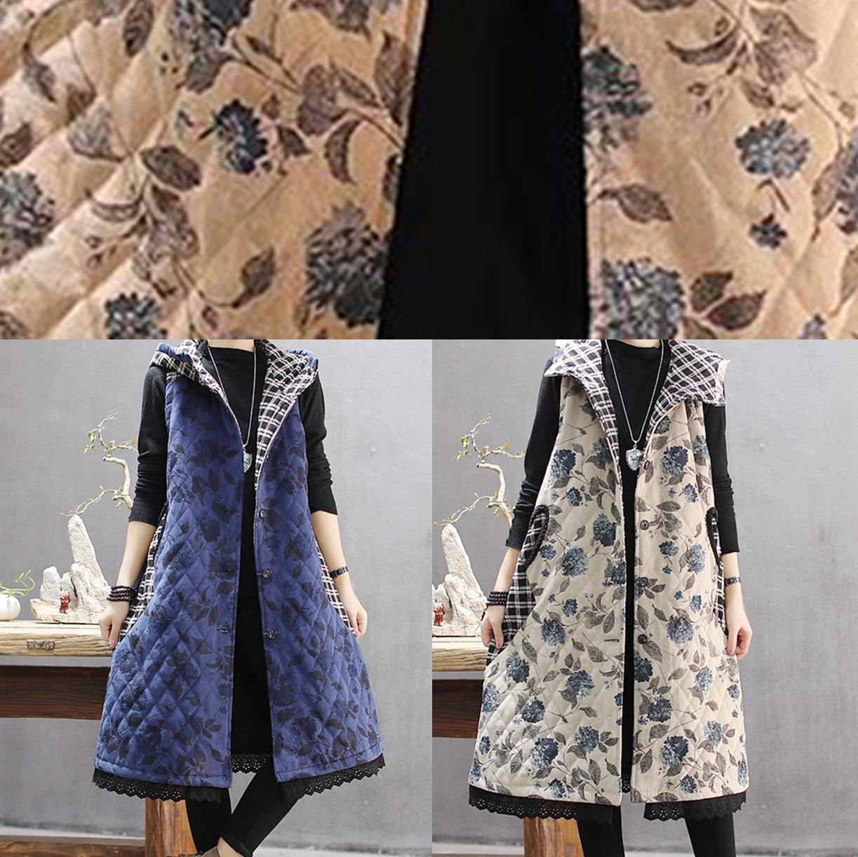 Green Print Winter Coats Hooded Sleeveless Outwear