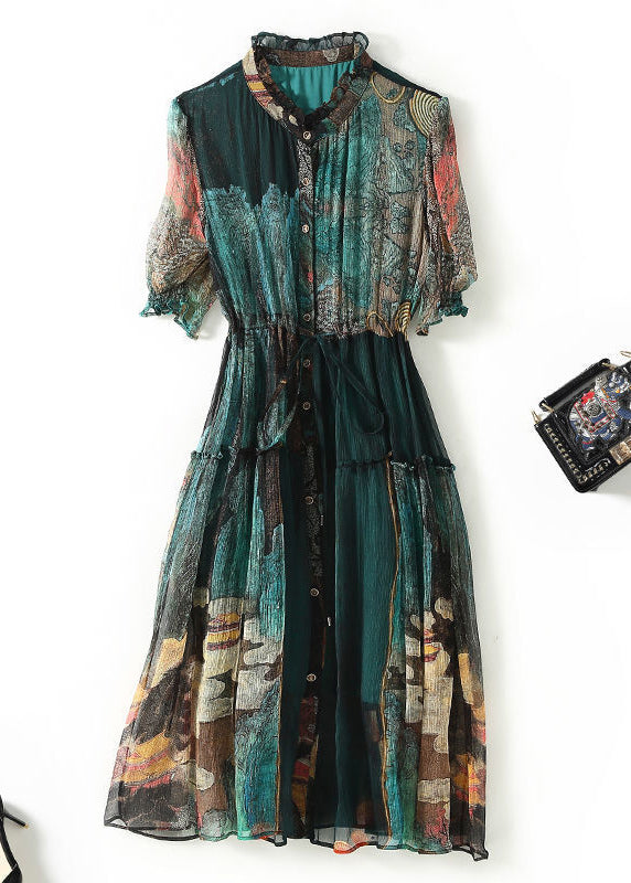 Green Ruffled Print Silk Cinched Dresses Summer