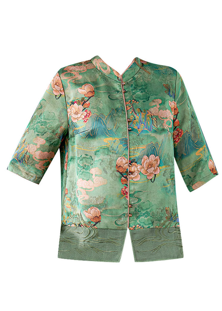 Green Stand Collar Embroideried Print Button Silk Blouse Tops Half Sleeve