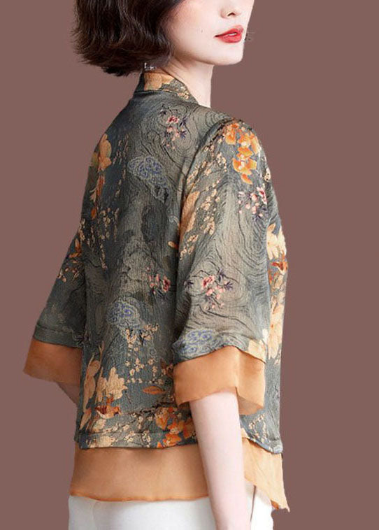 Green Stand Collar Tulle Patchwork Print Silk Shirt Tops Half Sleeve