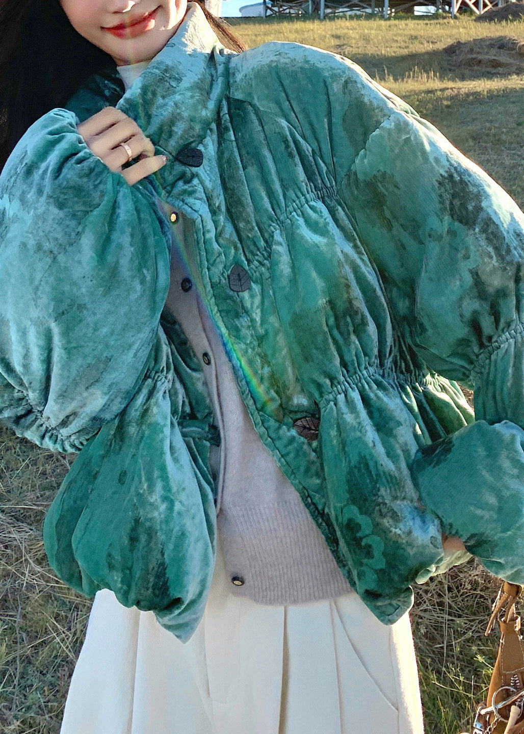 Green Stand Collar Velvet Duck Down Puffers Jackets Winter