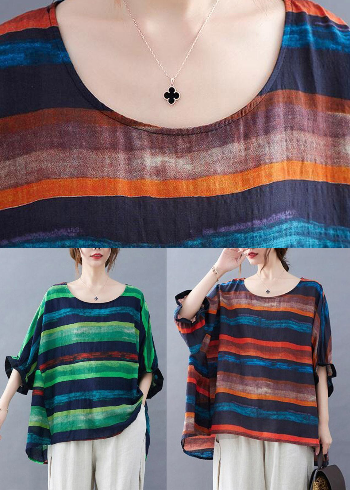 Green Striped Low High Design Top Summer