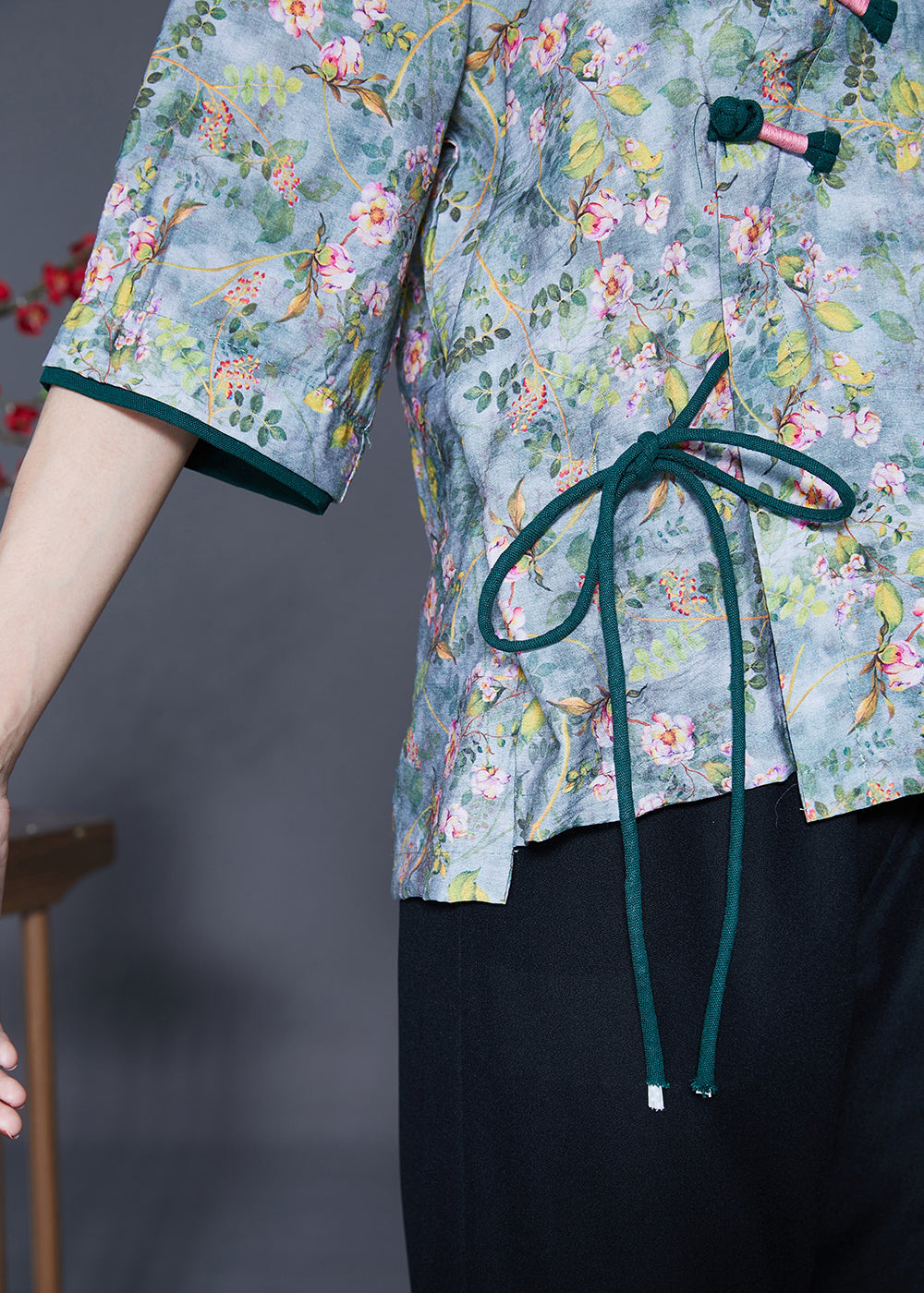 Green Tie Dye Chinese Button Linen Shirt Top Summer