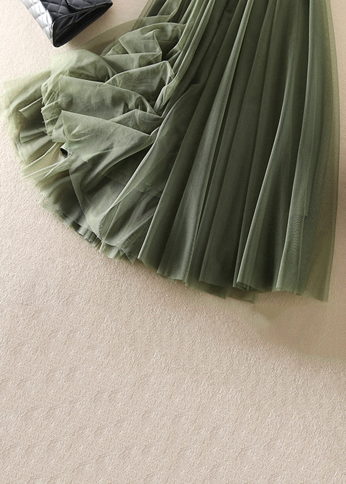 Green Wrinkled Elastic Waist Patchwork Tulle Skirts Fall