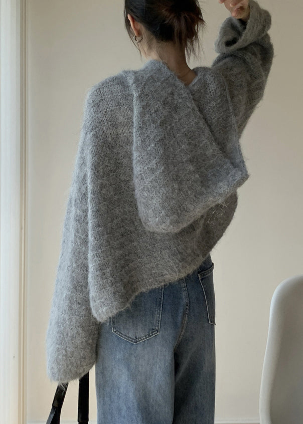 Grey Hooded Cotton Knit Sweaters Spring