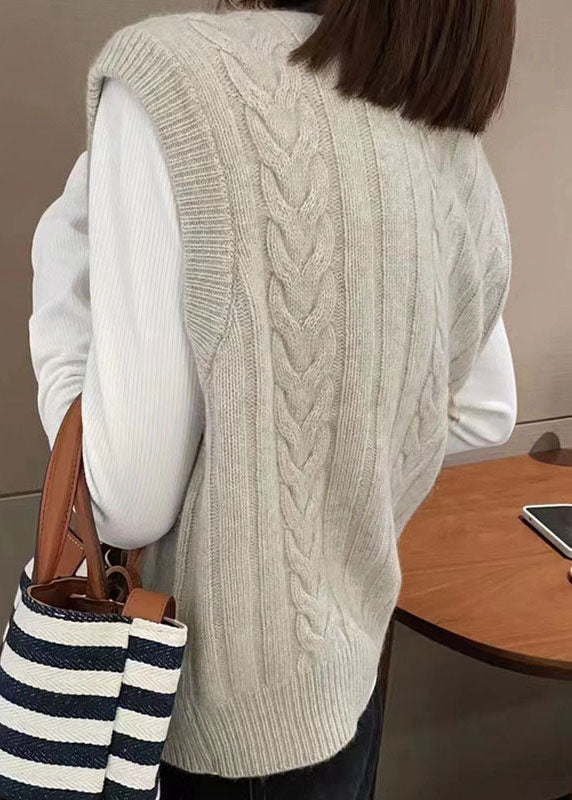 Grey O-neck Button Cozy Wool Cable Knit Waistcoat Fall