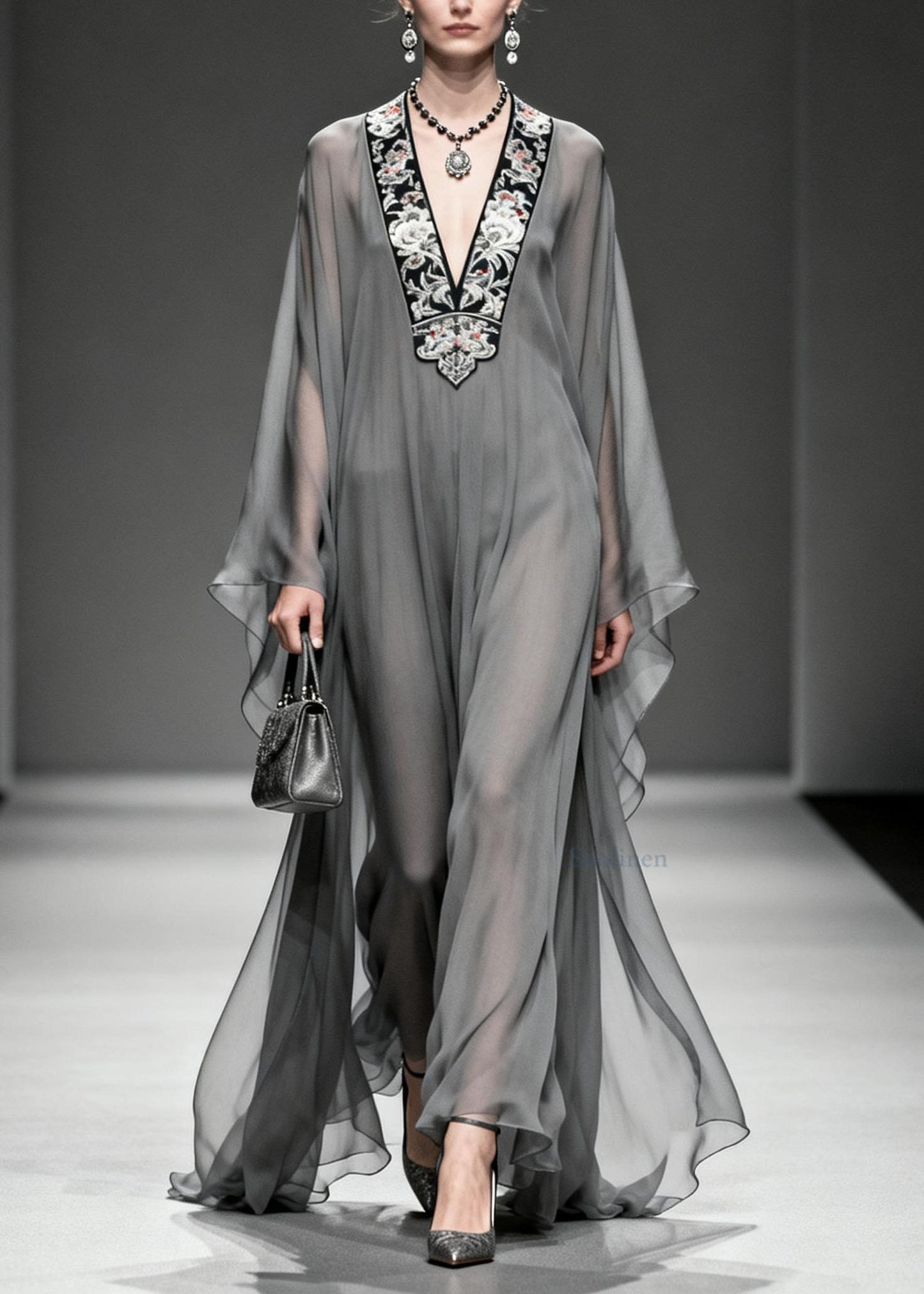 Grey V Neck Print Loose Chiffon Long Dress Spring