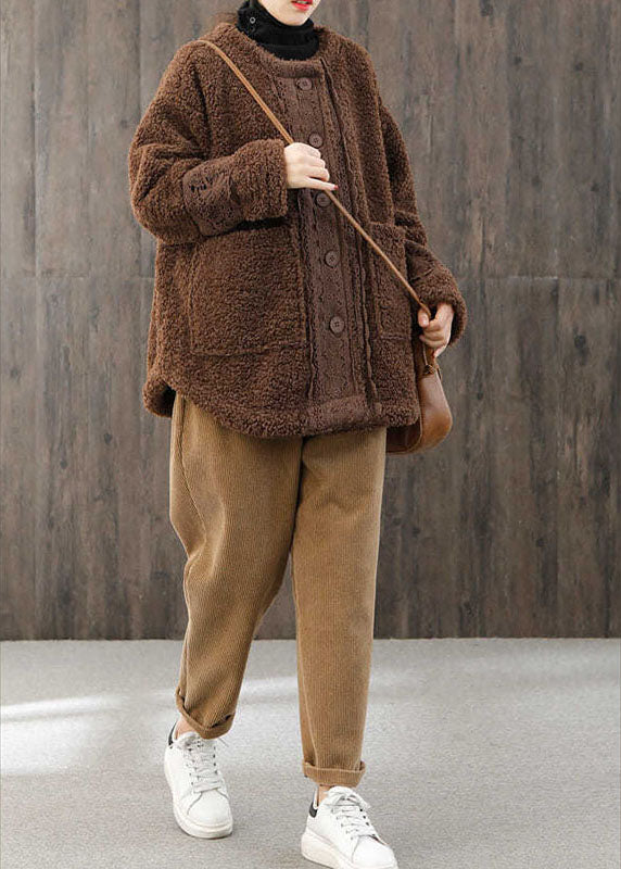 Khaki O-neck Button Fall Winter Thick Long Sleeve Coat