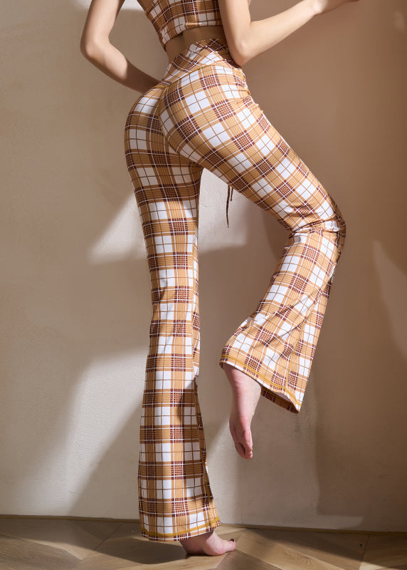 Khaki Plaid Tie Waist Cotton Yoga Flare Pants