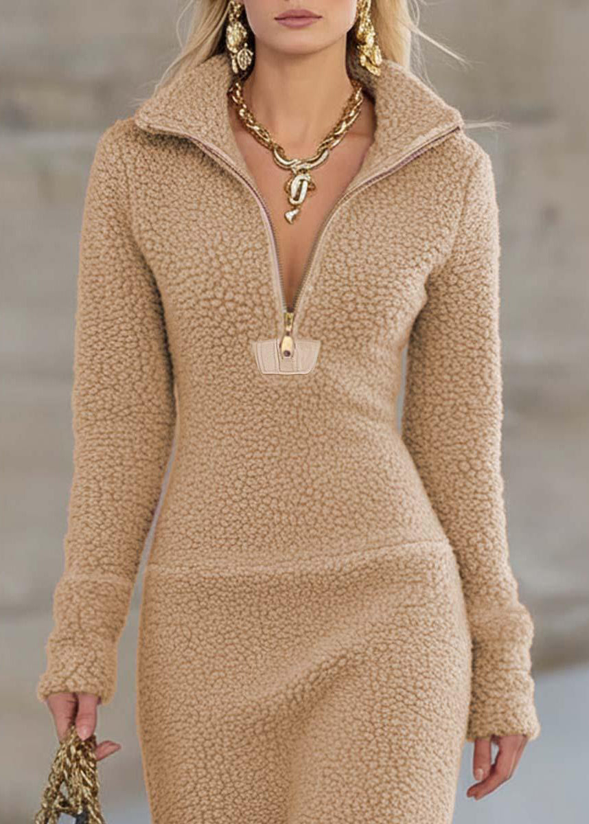 Khaki Zip Up Patchwork Faux Fur Long Dresses Winter