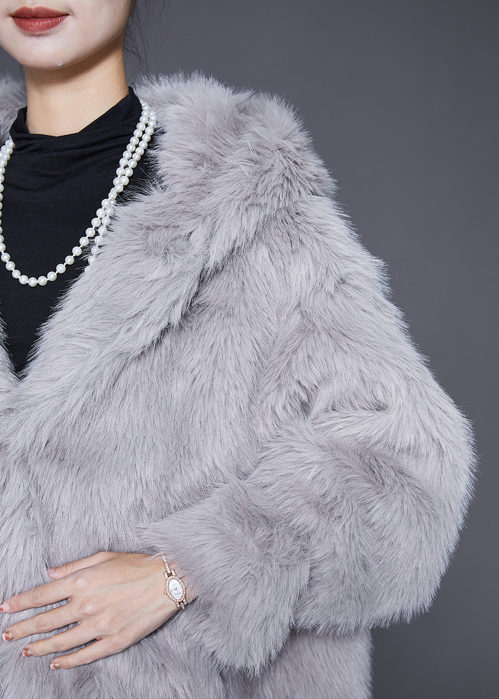 Light Grey Hooded Warm Faux Fur Jackets Winter