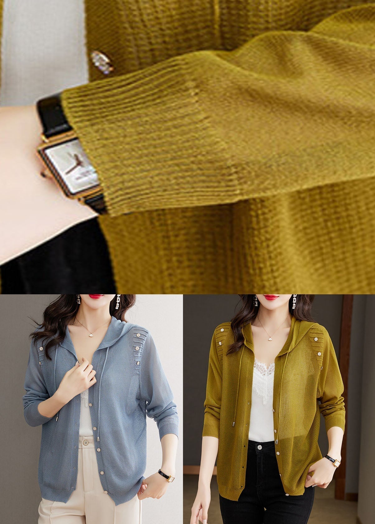 Matcha Colour Drawstring Hooded Ice Size Knit Cardigans Long Sleeve