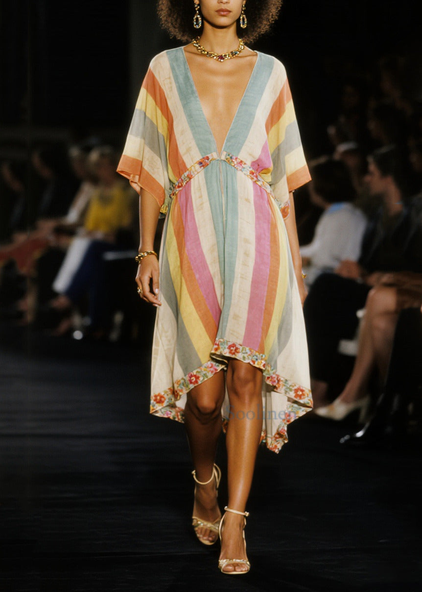 Multicolored V Neck Patchwork Cotton Mid Dress Summer