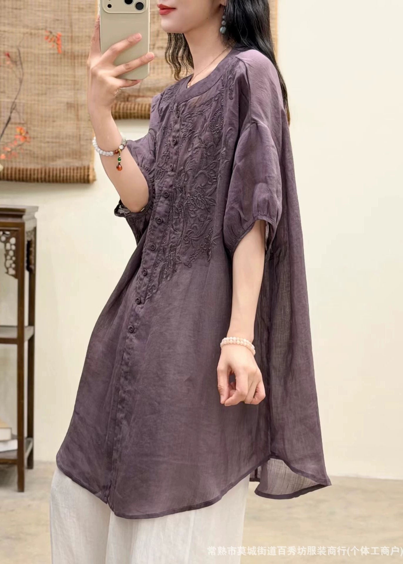 Navy O-neck Embroidered Linen Shirt Top Summer