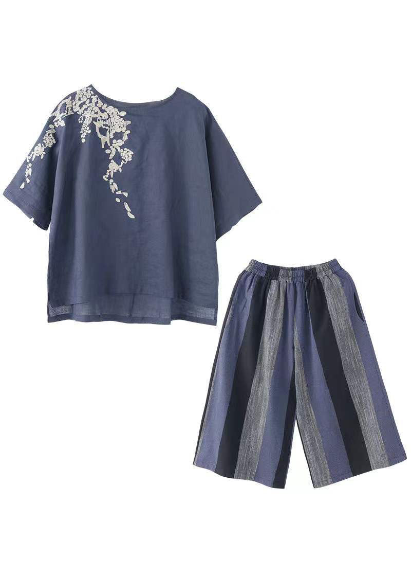 Navy O-neck Embroideried Striped Linen Tops and Straight Pants Two Pieces Set Short Sleeve