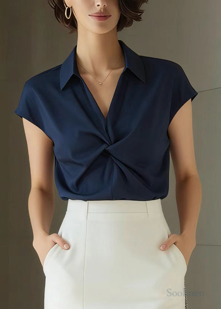 Navy Peter Pan Collar Wrinkled Spandex Shirt Summer