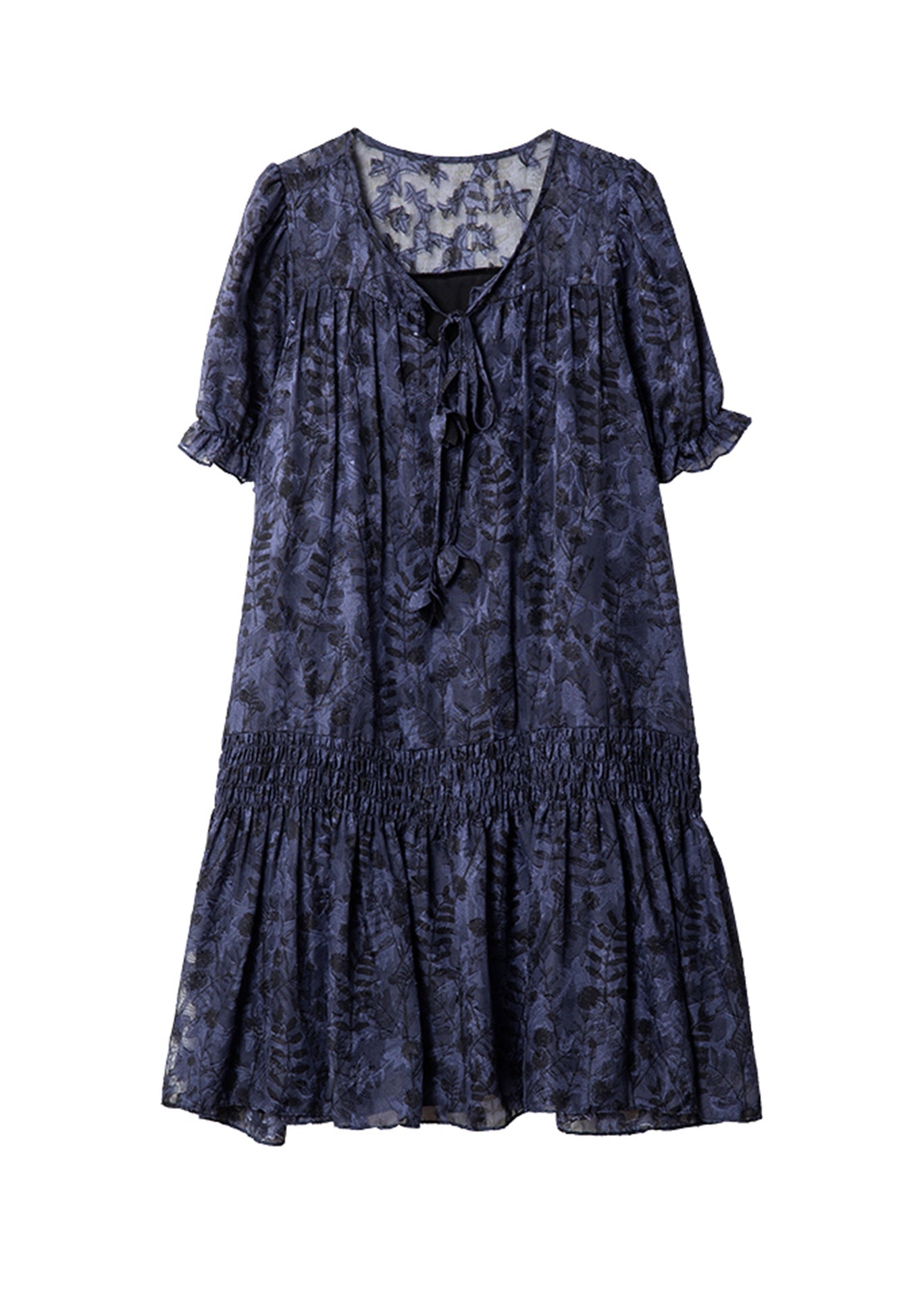 Navy V Neck Print Patchwork Chiffon Dress Summer