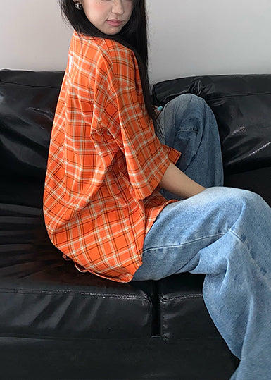 Orange Oversized Plaid Cotton Top Summer