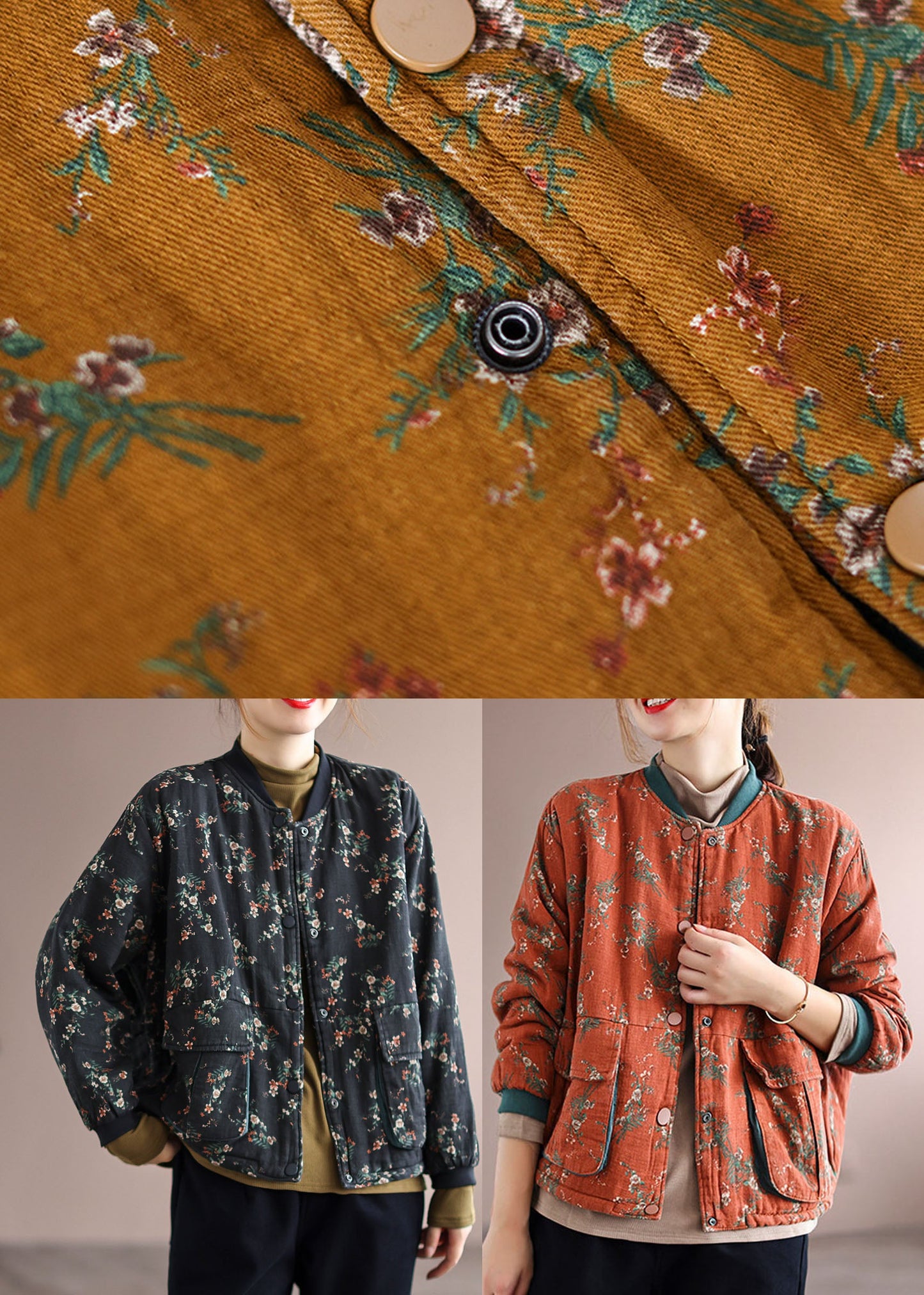 Orange Pockets Print Fine Cotton Filled Coats Spring