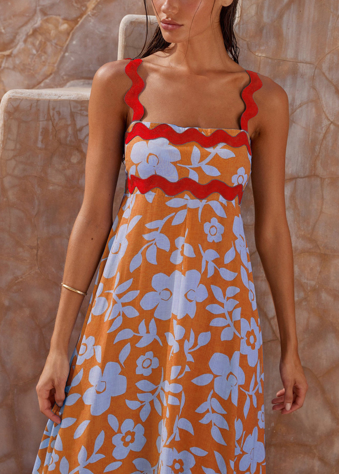 Orange Print High Waist Cotton Spaghetti Strap Dress Sleeveless