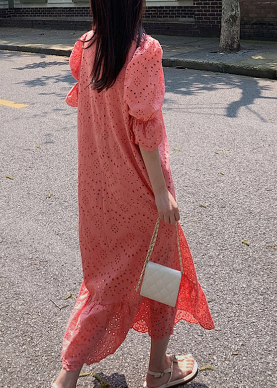 Orange V Neck Lace Patchwork Hollow Out Cotton Long Dresses Summer